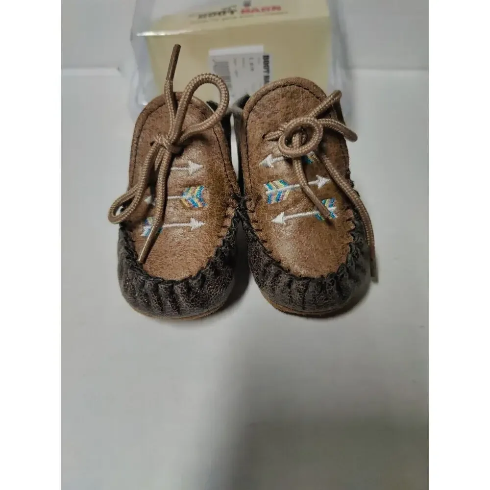 Baby Moccasins by Old West Brown Leather Shoes Toddler Size 1 Very Soft Sole.